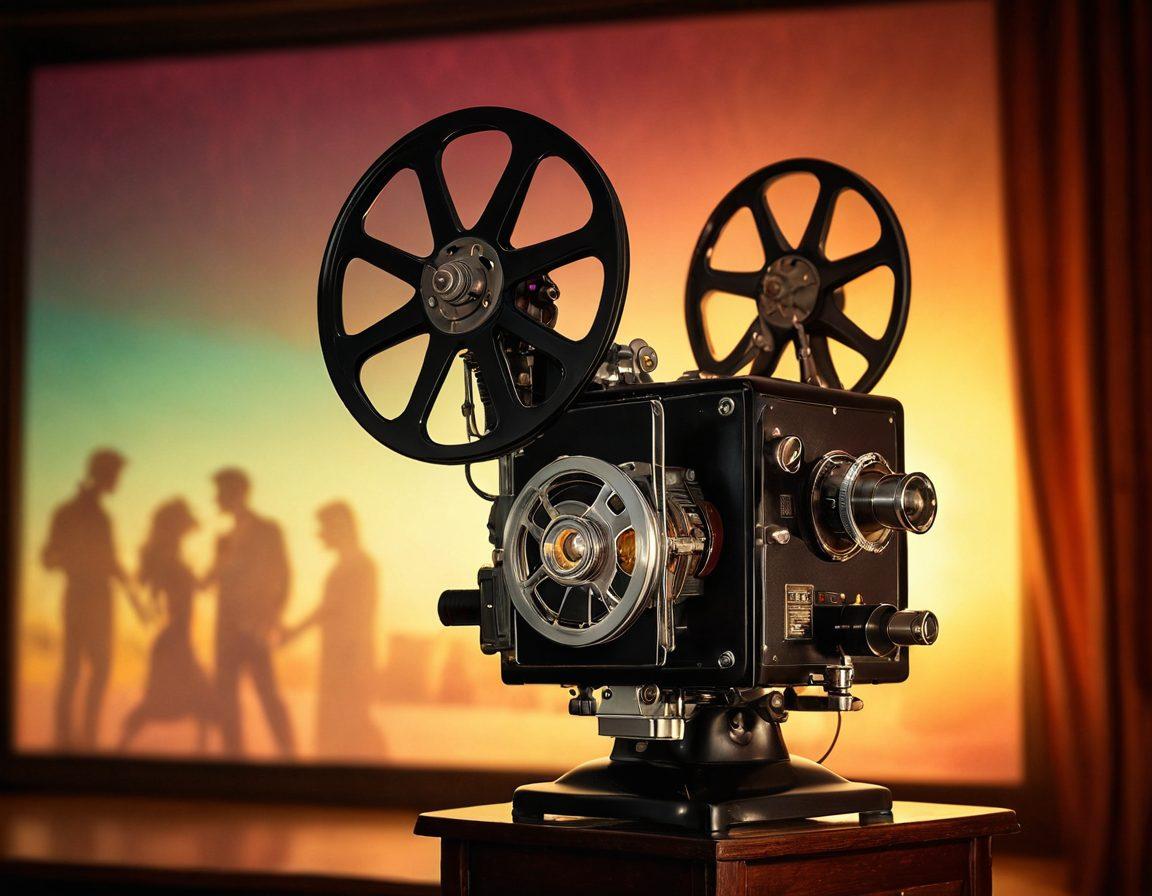 A captivating scene featuring a vintage film projector casting light onto a romantic backdrop of classic film reels, intertwined with silhouettes of passionate lovers in various intimate poses. The atmosphere is filled with warm, alluring colors suggesting romance and desire, with soft-focus cinema lights creating a dreamy haze. Include elements of iconic romantic film posters in the background for added depth. vintage style. warm tones. soft focus.