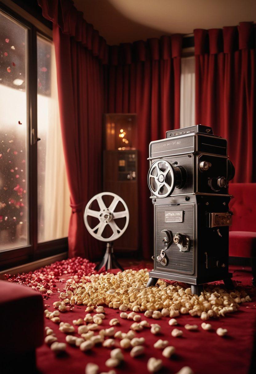 A cinematic scene featuring a vintage film projector casting soft, warm light onto a cozy room filled with heart-shaped decorations. In the foreground, a couple sharing a romantic moment while watching a classic black-and-white romantic film, surrounded by scattered popcorn and rose petals. The background hints at a movie theater ambiance with plush red velvet curtains and a golden film reel. super-realistic. warm tones. cozy atmosphere.
